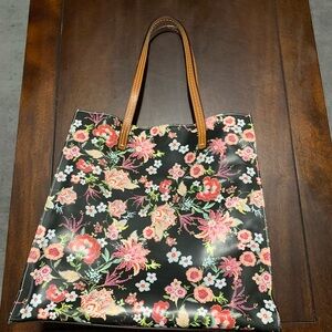 Johnny Was Black Floral Tote with Brown Handles and Pink Blooms